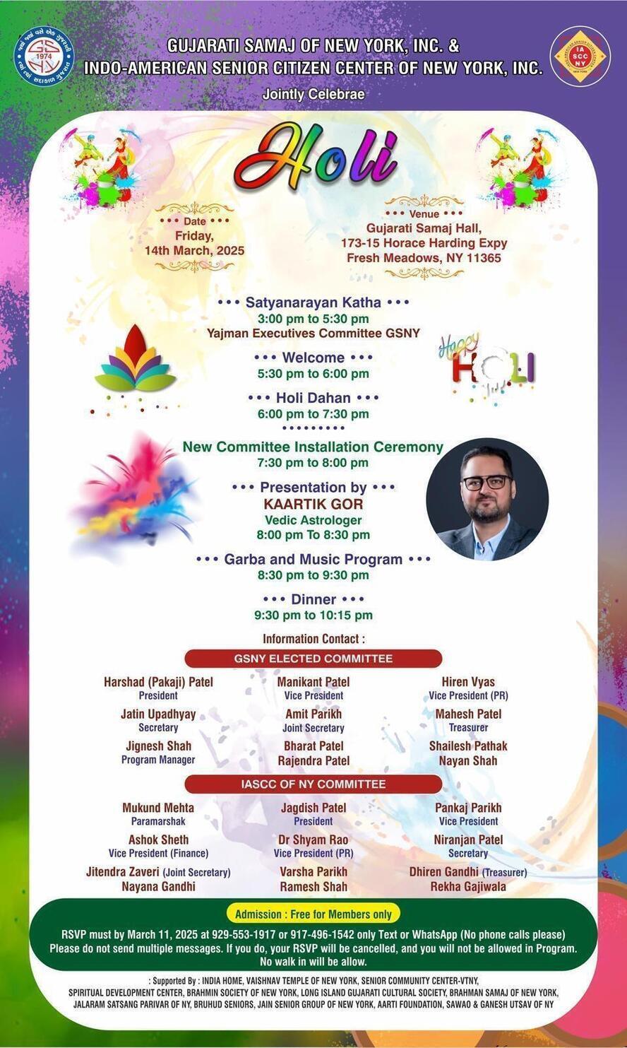 Grand Holi Celebration 2025 – Organized by Gujarati Samaj of New York & IASCC of NY